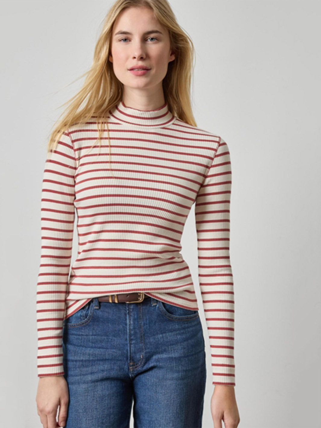 Ribbed Long Sleeve Mock in Henna Stripe