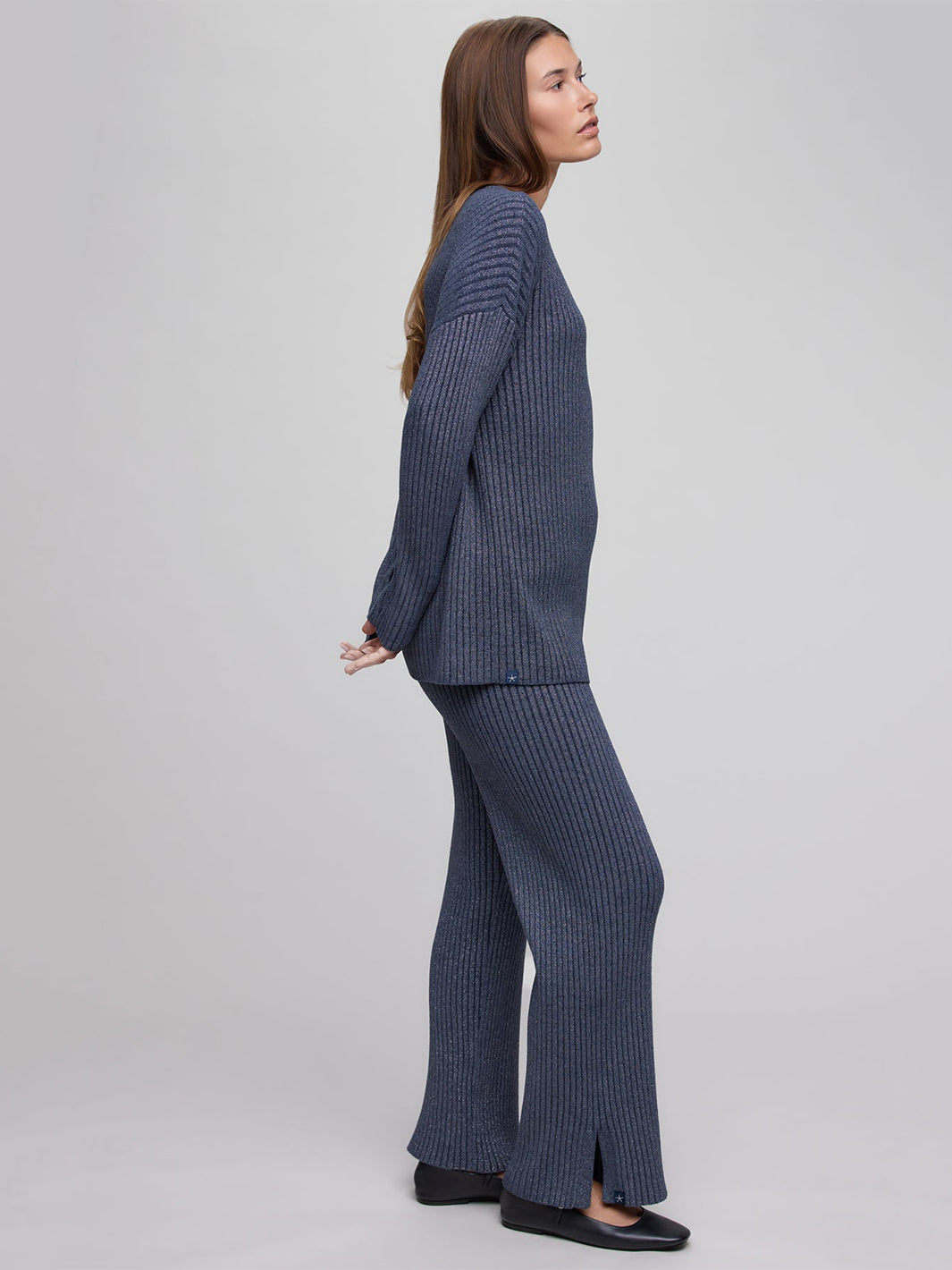 Lurex Rib Crew Neck Tunic in Indigo