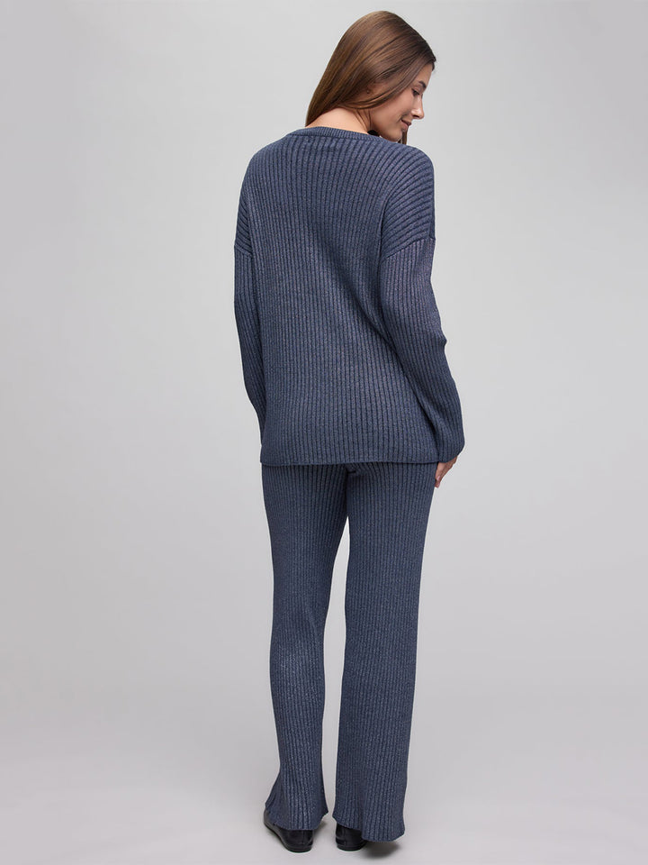 Lurex Rib Crew Neck Tunic in Indigo