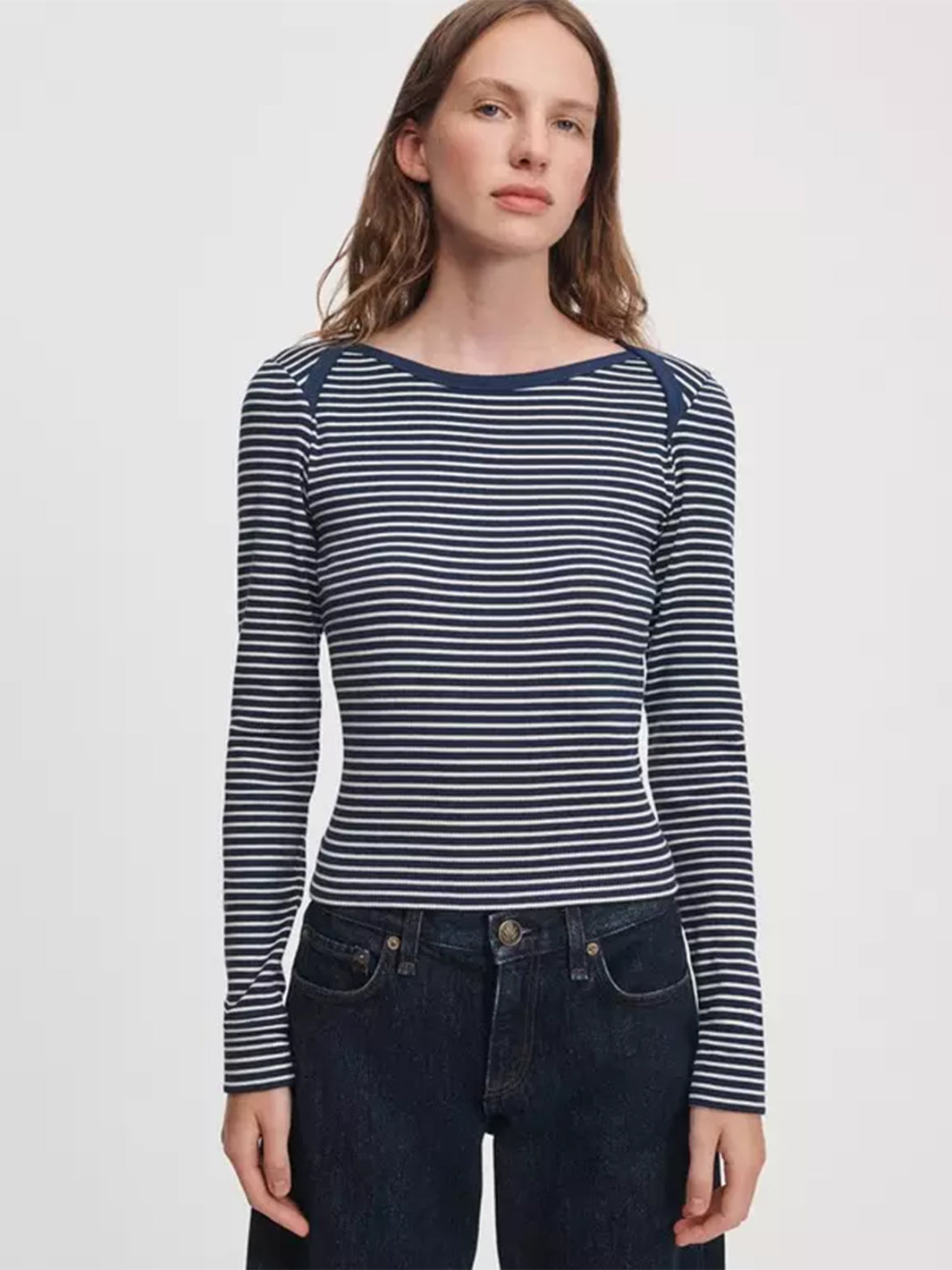 The essential Ribbed Bateau Tee in Navy Multi