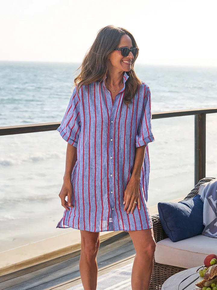 Rosemary Short Sleeve Shirt Dress in Blue &amp; Red Textured Stripe