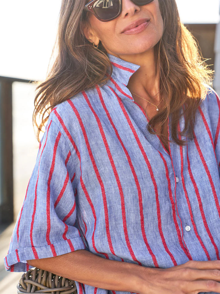 Rosemary Short Sleeve Shirt Dress in Blue &amp; Red Textured Stripe