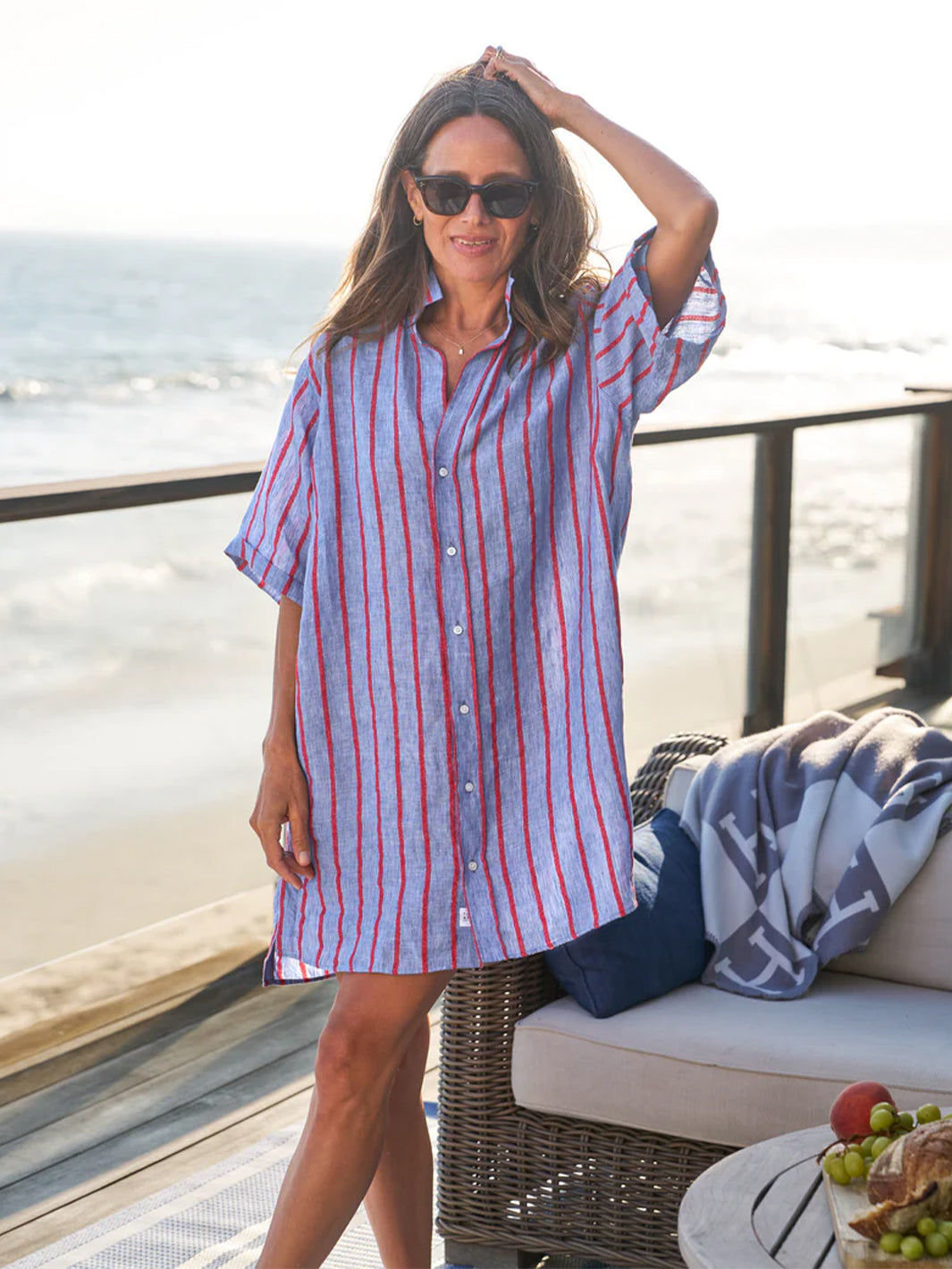 Rosemary Short Sleeve Shirt Dress in Blue &amp; Red Textured Stripe