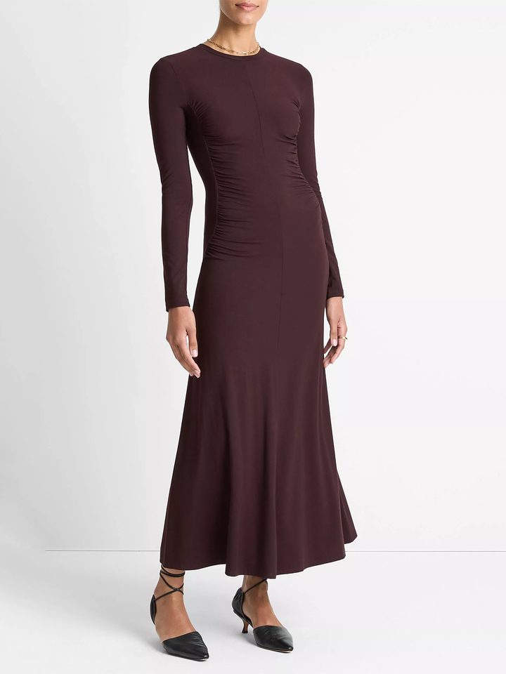 Ruched-Seam Long-Sleeve Dress in Dark Fig
