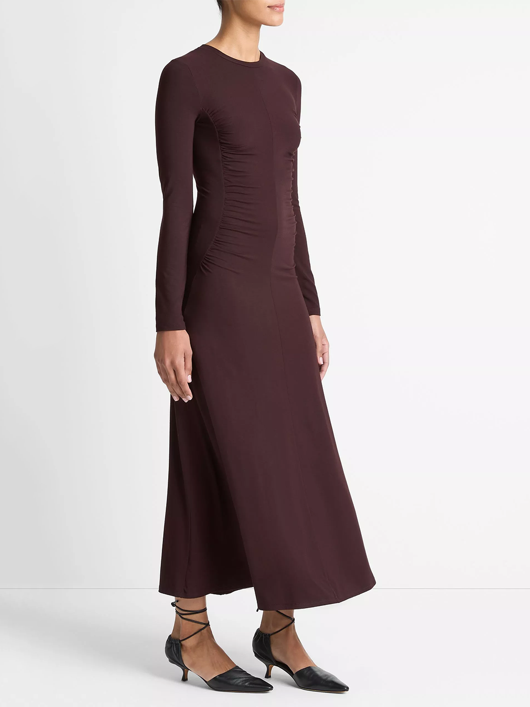 Ruched-Seam Long-Sleeve Dress in Dark Fig