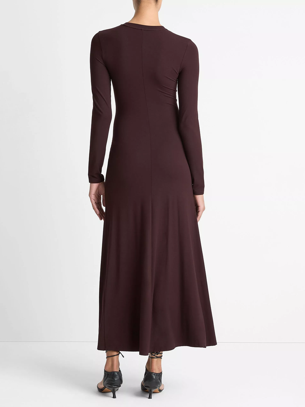 Ruched-Seam Long-Sleeve Dress in Dark Fig