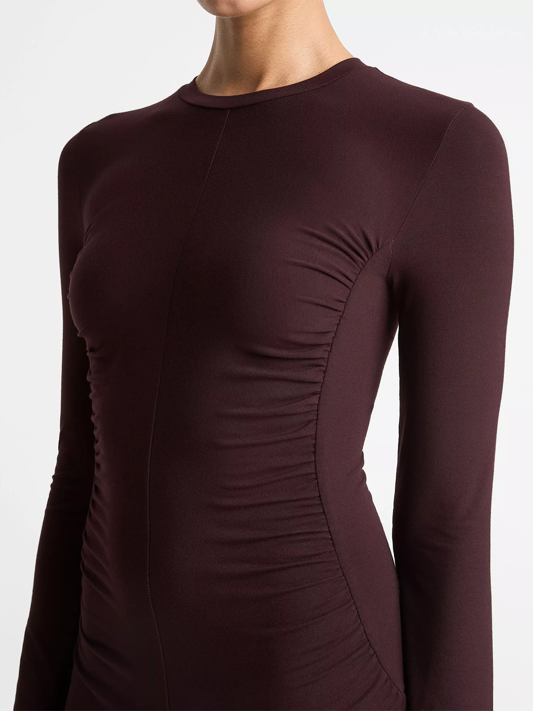 Ruched-Seam Long-Sleeve Dress in Dark Fig