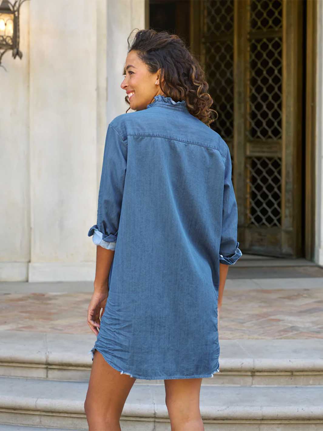 Mary Ruffle Collar Shirt Dress in Vintage Stonewashed Indigo