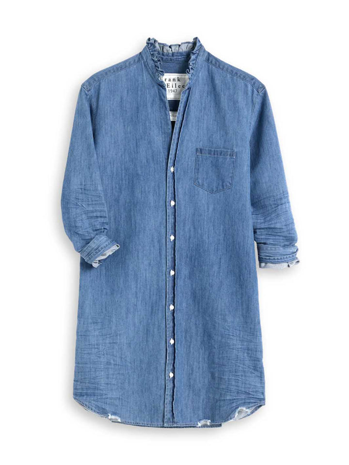Mary Ruffle Collar Shirt Dress in Vintage Stonewashed Indigo