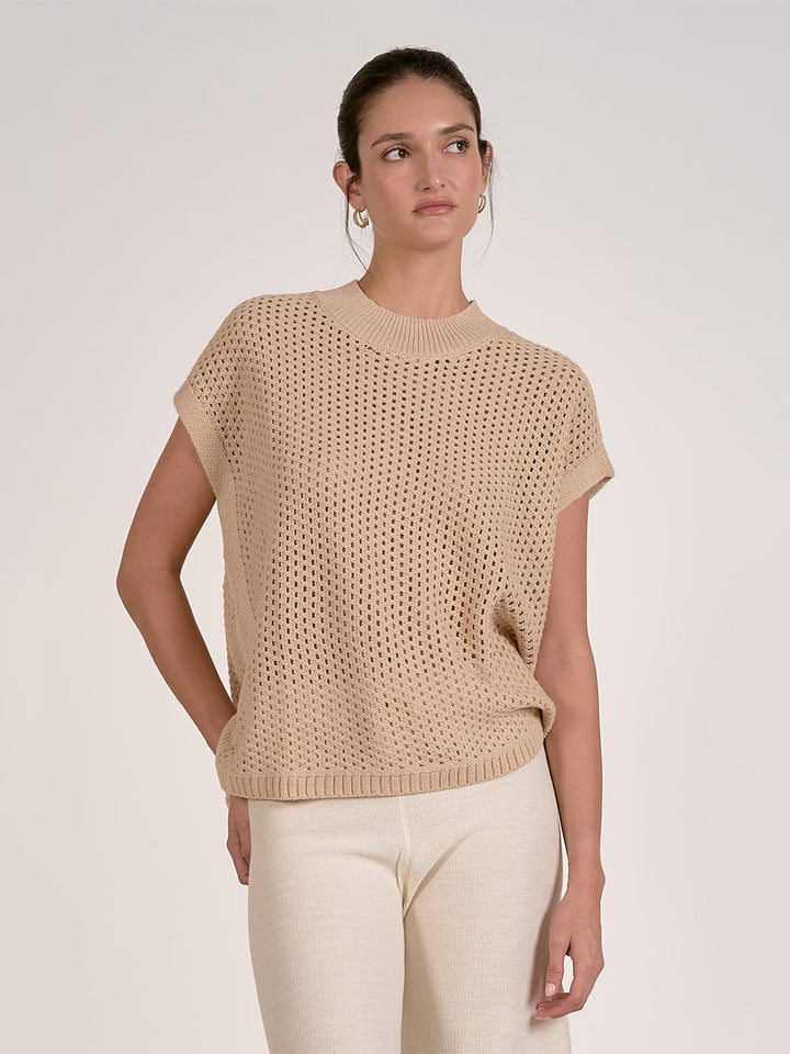 Short Sleeve Open Knit Sweater in Sand