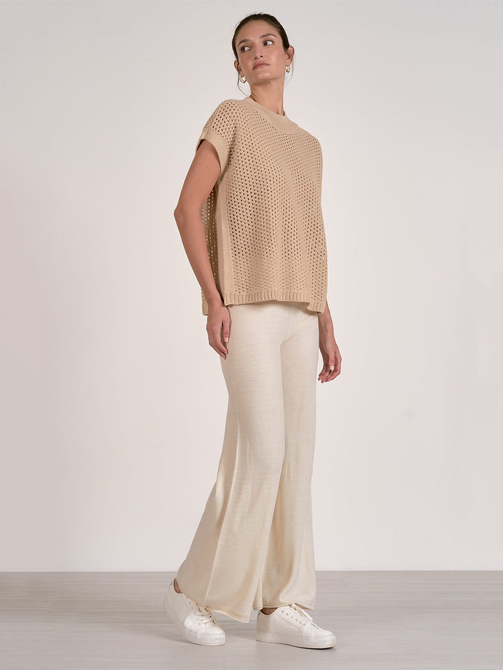 Short Sleeve Open Knit Sweater in Sand