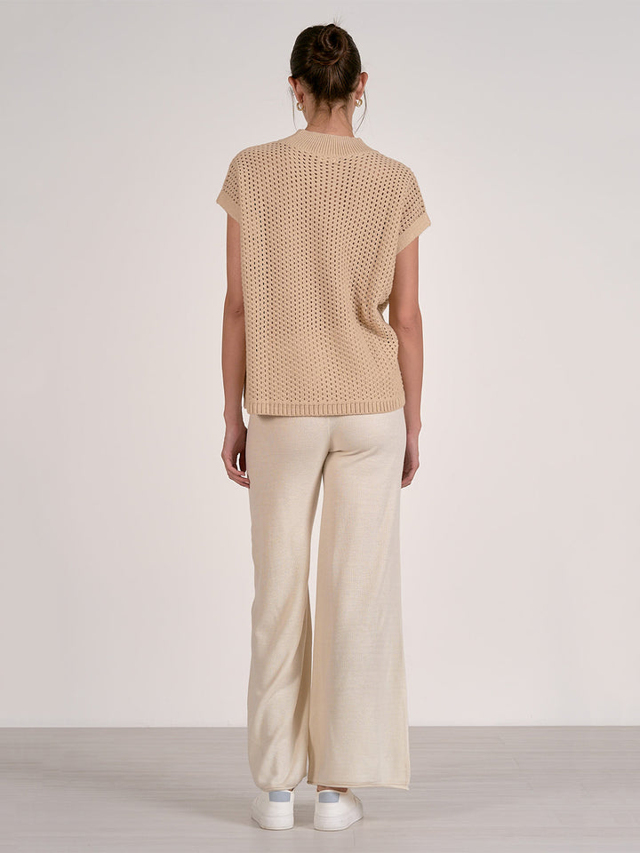 Short Sleeve Open Knit Sweater in Sand