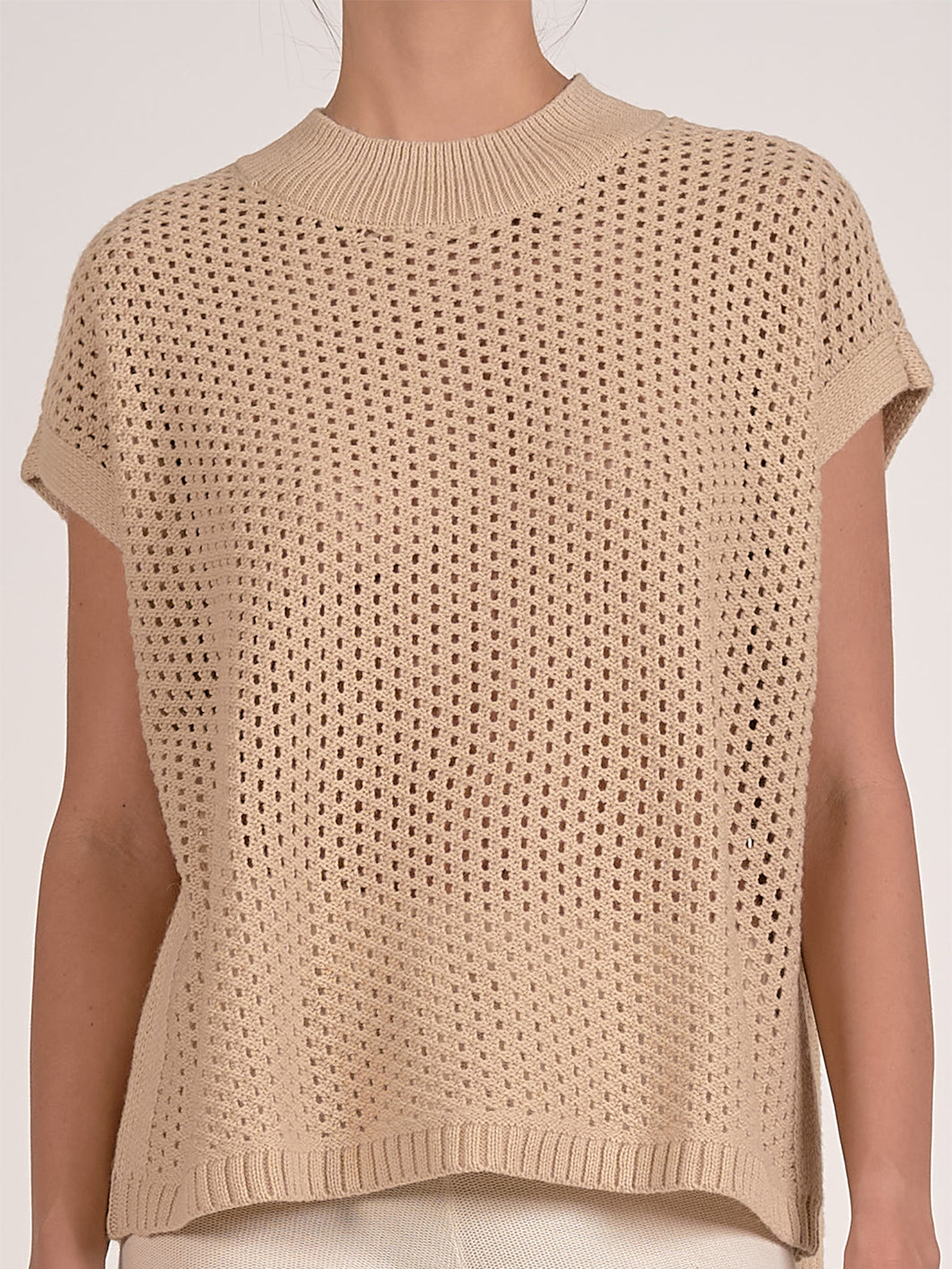Short Sleeve Open Knit Sweater in Sand