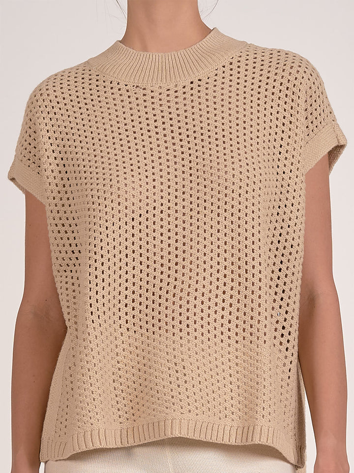 Short Sleeve Open Knit Sweater in Sand