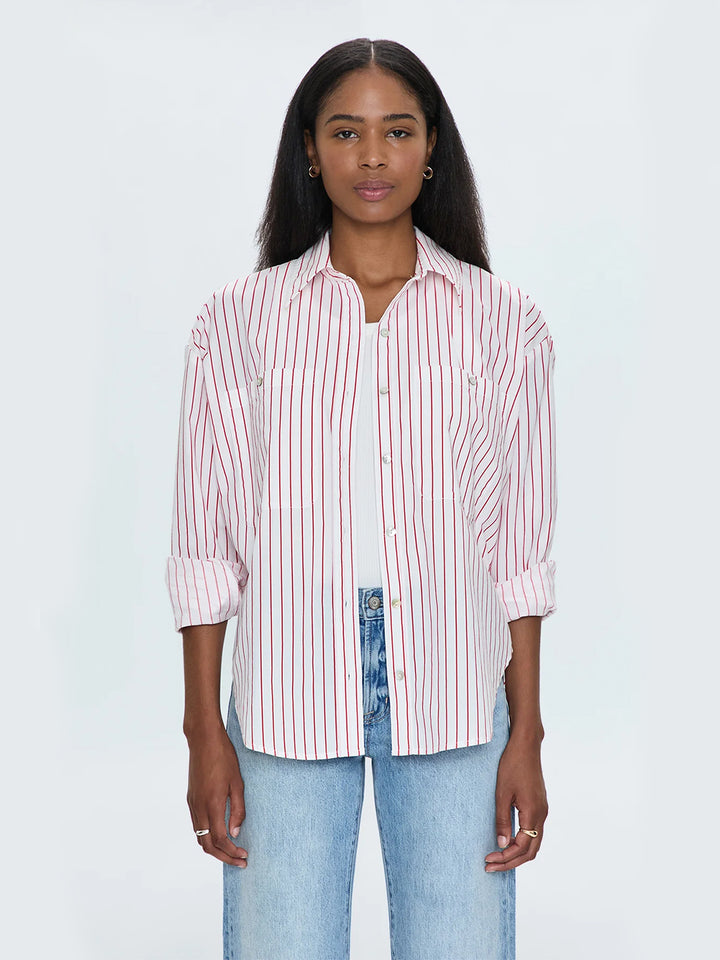 Samantha Oversized Button-Up Shirt in Ruby Stripe