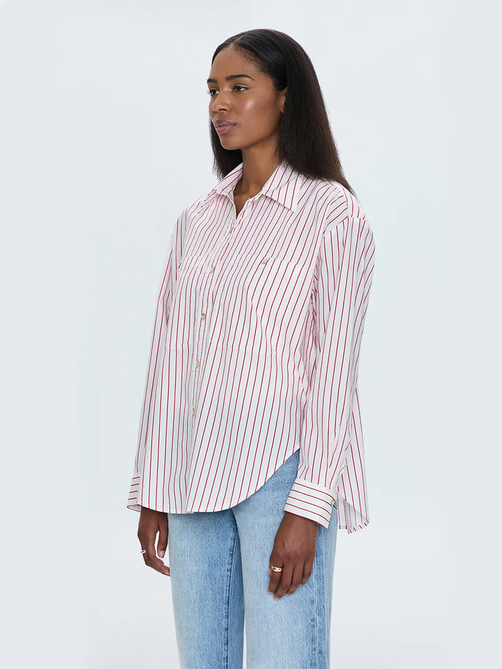 Samantha Oversized Button-Up Shirt in Ruby Stripe