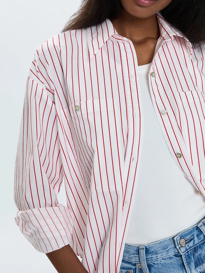 Samantha Oversized Button-Up Shirt in Ruby Stripe