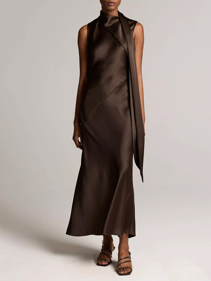 Satin Scarf Neck Dress in Cypris