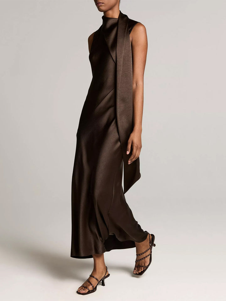 Satin Scarf Neck Dress in Cypris