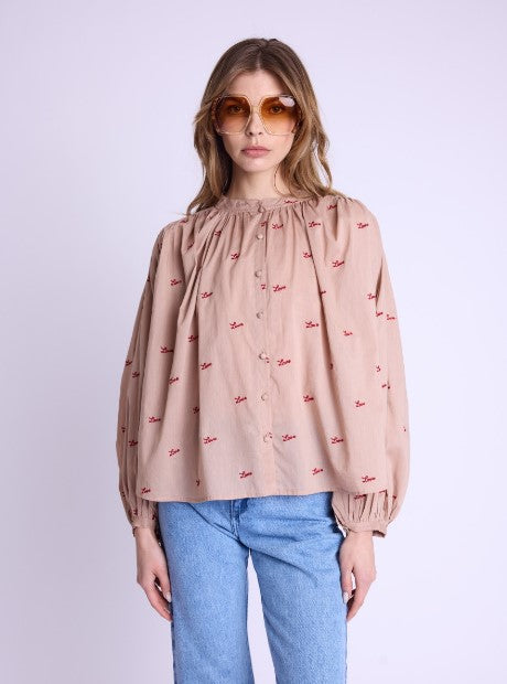 Country Love Wide Shirt w/Love Embroidery in Nude