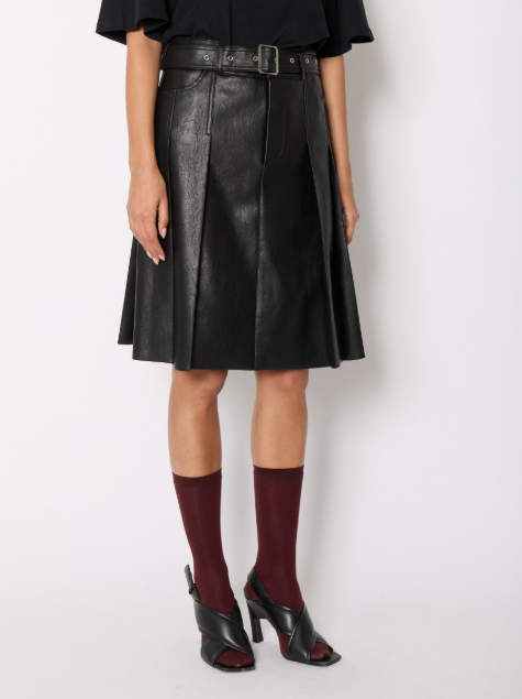Pleated Faux Leather Midi Skirt in Black