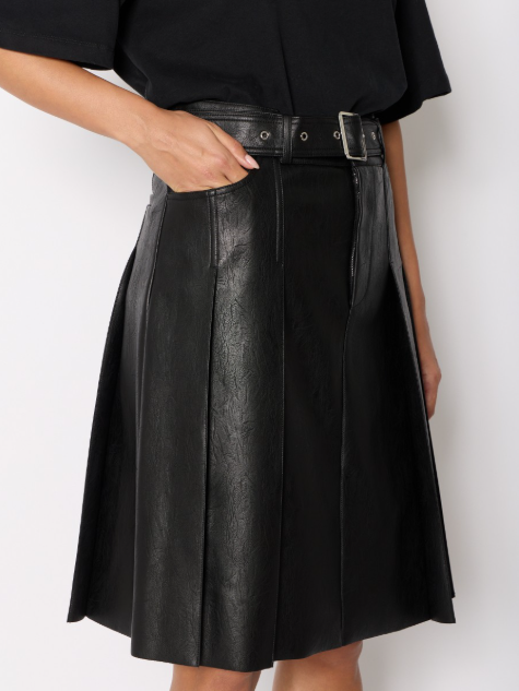 Pleated Faux Leather Midi Skirt in Black