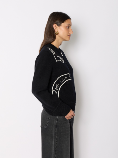 Wool Bomber Cardigan w/Embroidery in Black