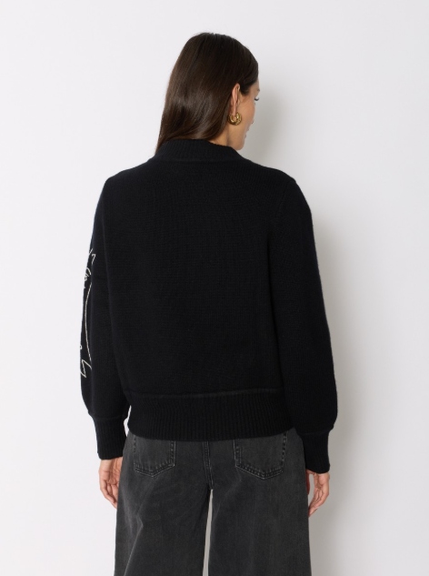 Wool Bomber Cardigan w/Embroidery in Black
