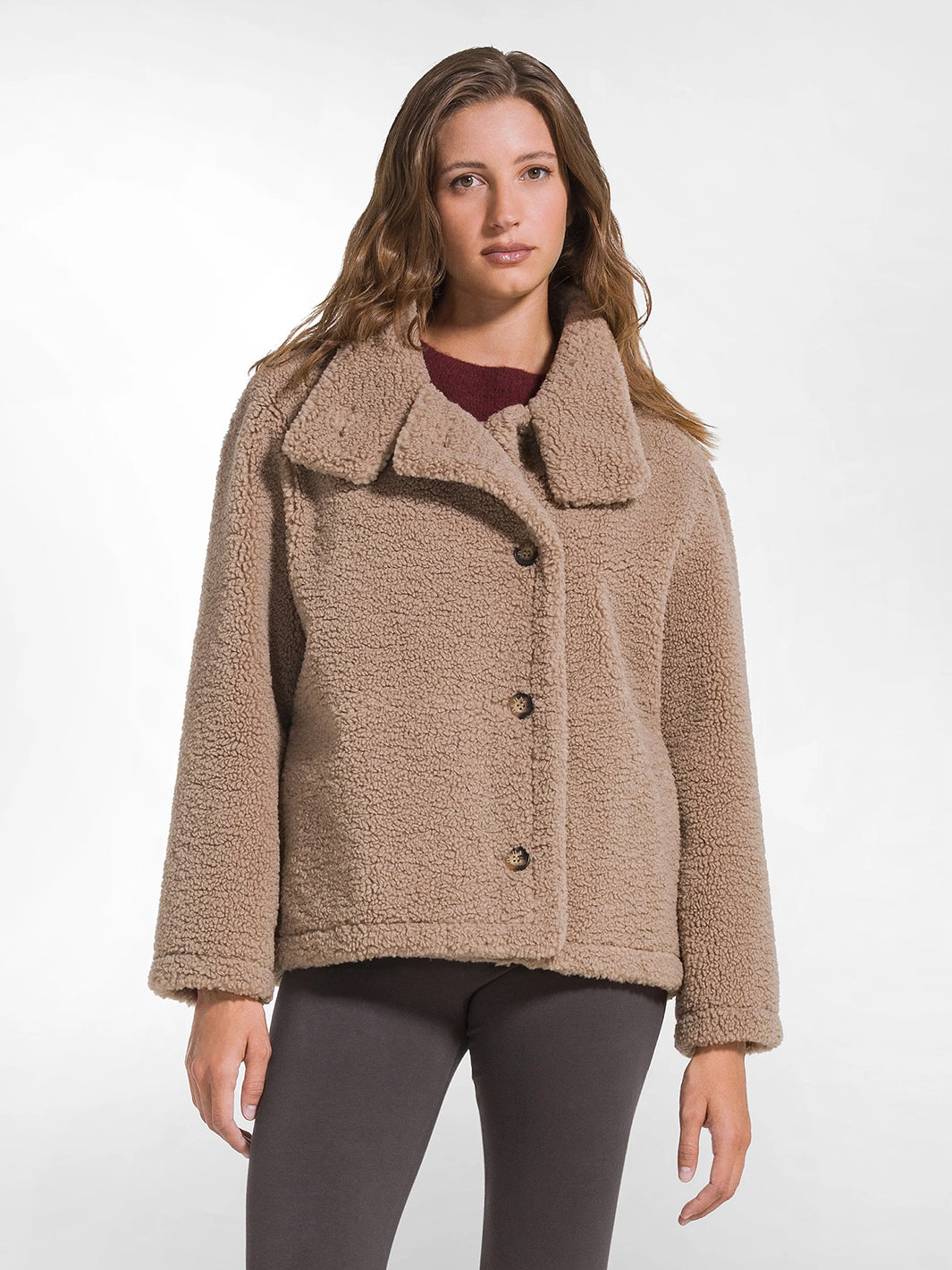 Suede Effect Teddy Pea Coat in Autumn Noisette