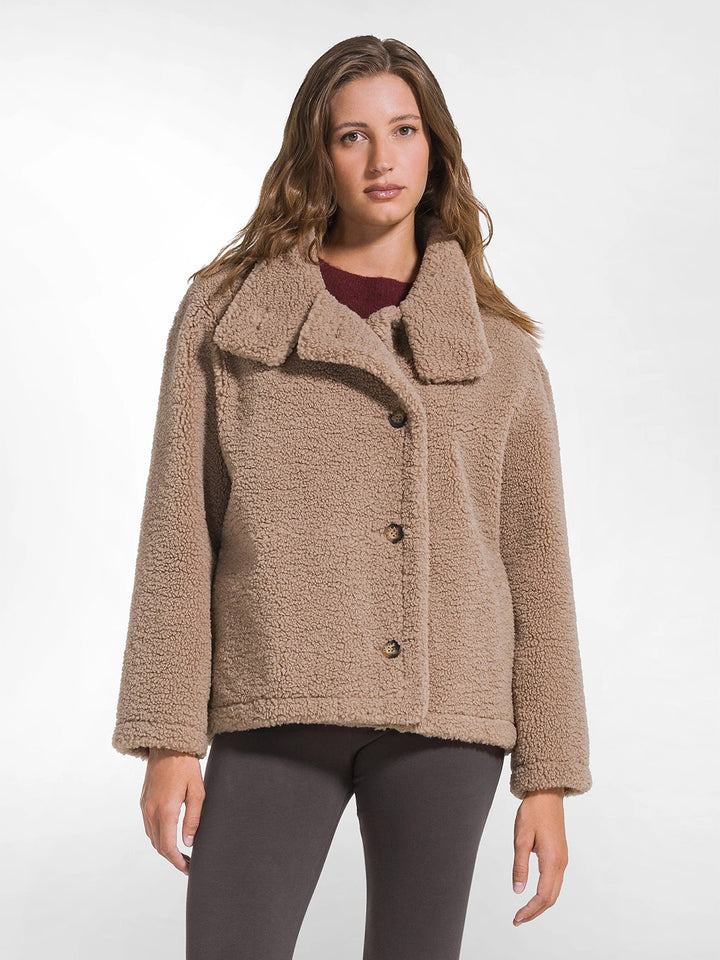 Suede Effect Teddy Pea Coat in Autumn Noisette