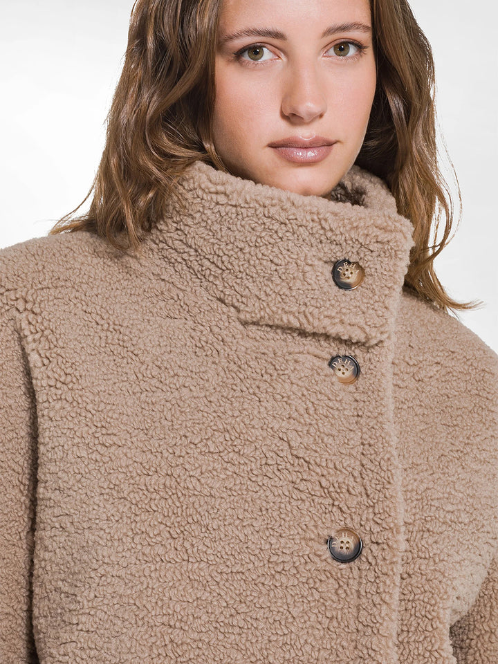 Suede Effect Teddy Pea Coat in Autumn Noisette