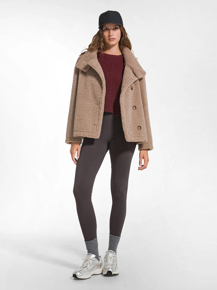 Suede Effect Teddy Pea Coat in Autumn Noisette