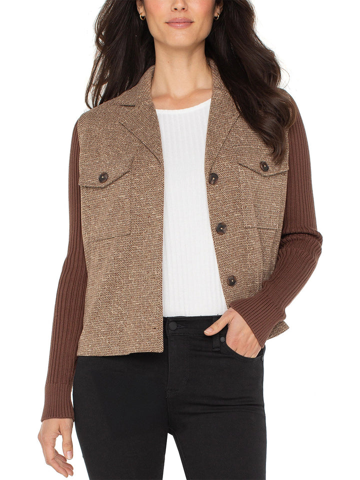 Shacket w/ Sweater Sleeves in Brown Camel Herringbone