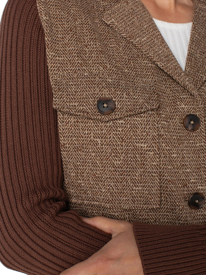Shacket w/ Sweater Sleeves in Brown Camel Herringbone