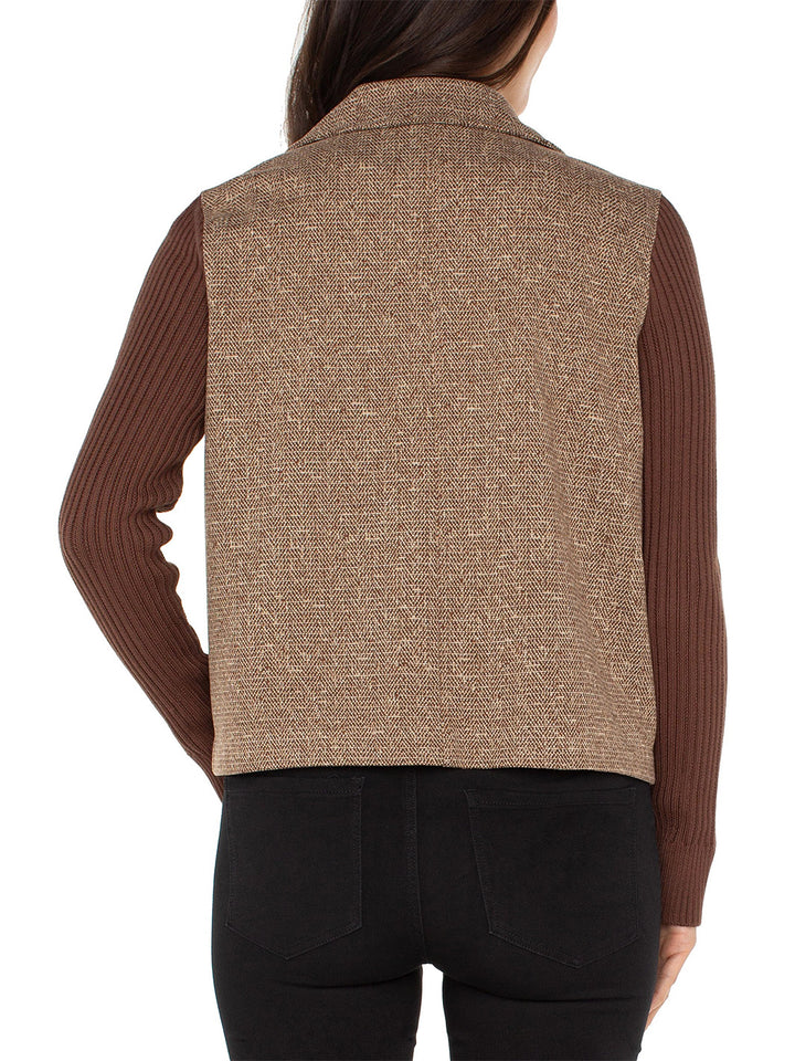 Shacket w/ Sweater Sleeves in Brown Camel Herringbone