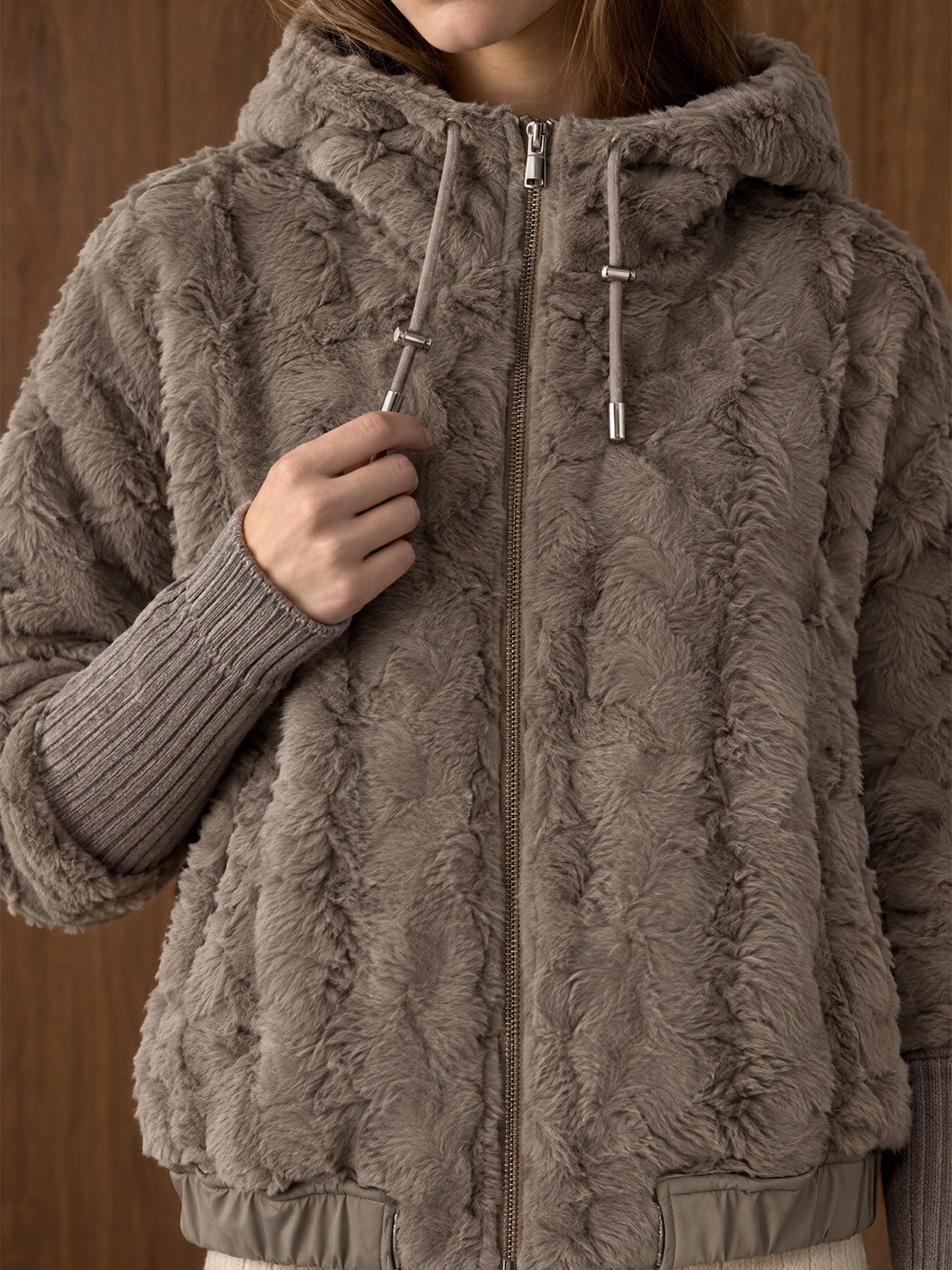 Reversible Faux Shearling Bomber in Taupe