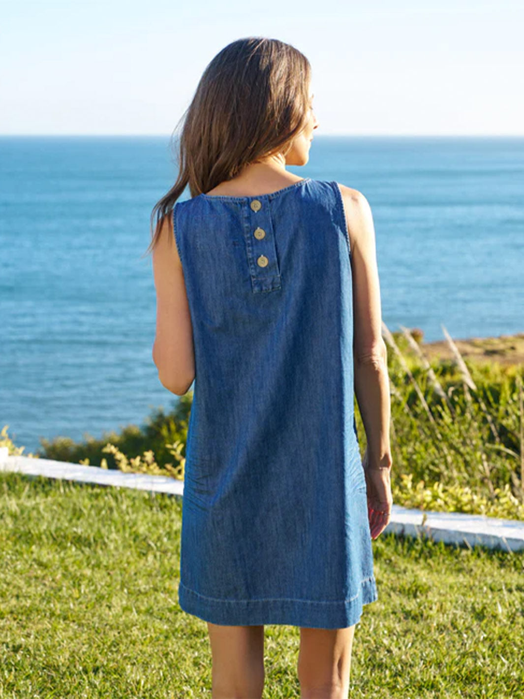 Sheila Shell Shift Dress in Distressed Indigo Wash Denim