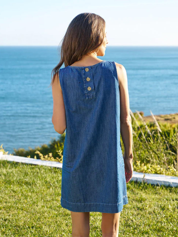 Sheila Shell Shift Dress in Distressed Indigo Wash Denim