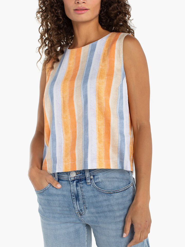 Sleeveless Shell Top w/Button Back in Multi Strip Print