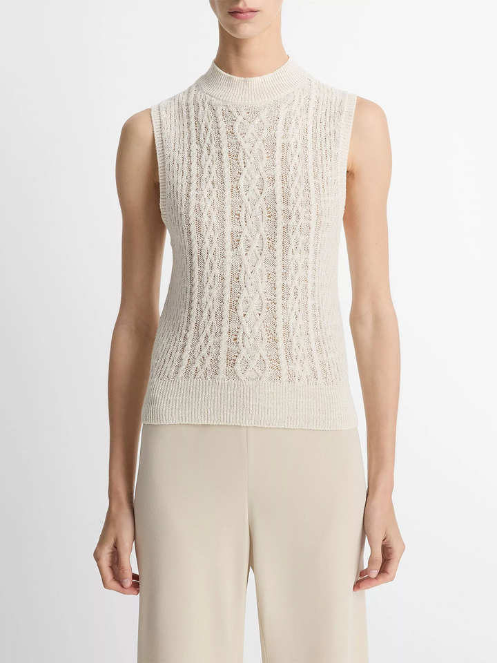 Cable Cotton-Blend Double Layer Shell in Off White/Gold Cliff