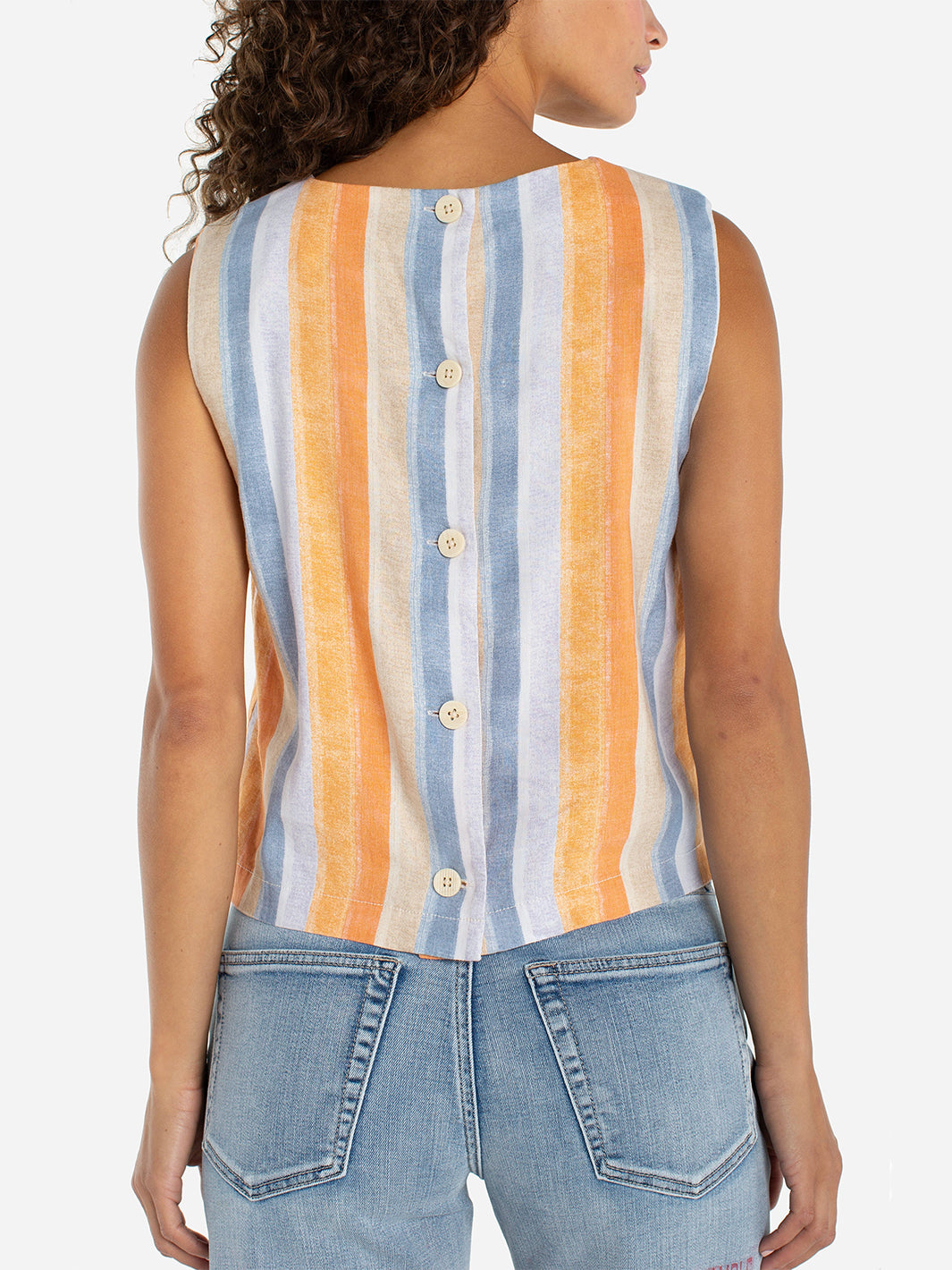 Sleeveless Shell Top w/Button Back in Multi Strip Print