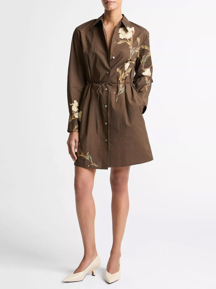 Placed Iris Cotton Shirt Dress in Dark Bark