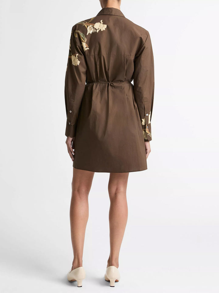 Placed Iris Cotton Shirt Dress in Dark Bark