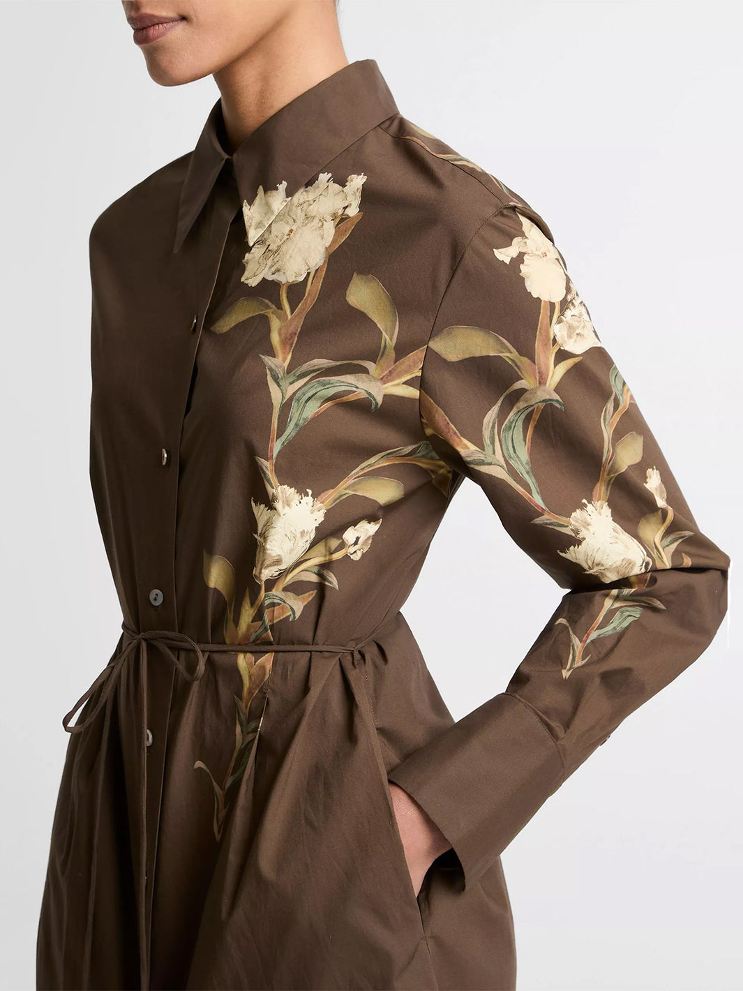 Placed Iris Cotton Shirt Dress in Dark Bark