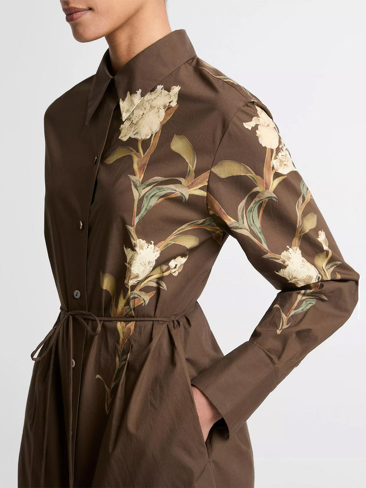 Placed Iris Cotton Shirt Dress in Dark Bark