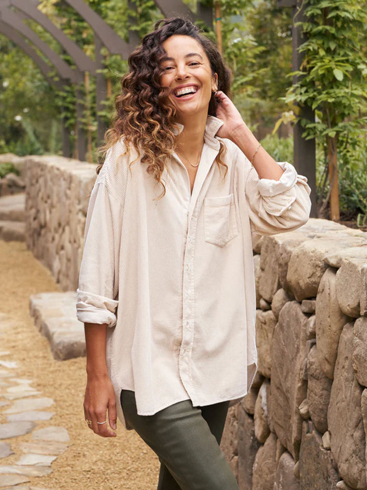 Shirley Oversized Button-Up Shirt in Vintage White Corduroy