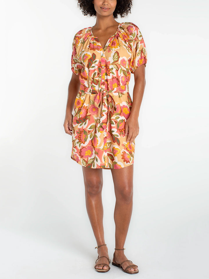Short Sleeve Shirred Button Front Woven Dress in Tan Floral Multi