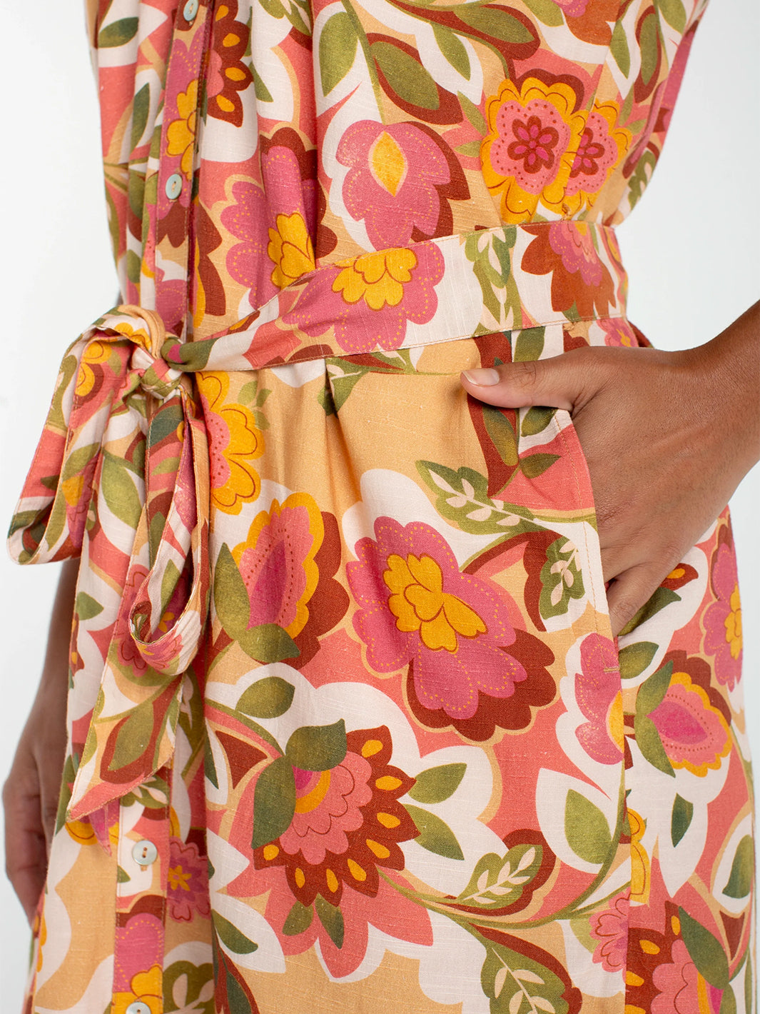 Short Sleeve Shirred Button Front Woven Dress in Tan Floral Multi