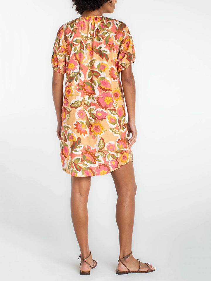 Short Sleeve Shirred Button Front Woven Dress in Tan Floral Multi