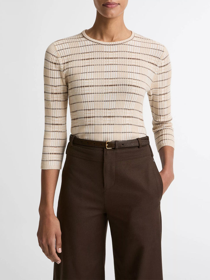 Plaid Wool-Cashmere Elbow-Sleeve Sweater in Wheatstone Combo